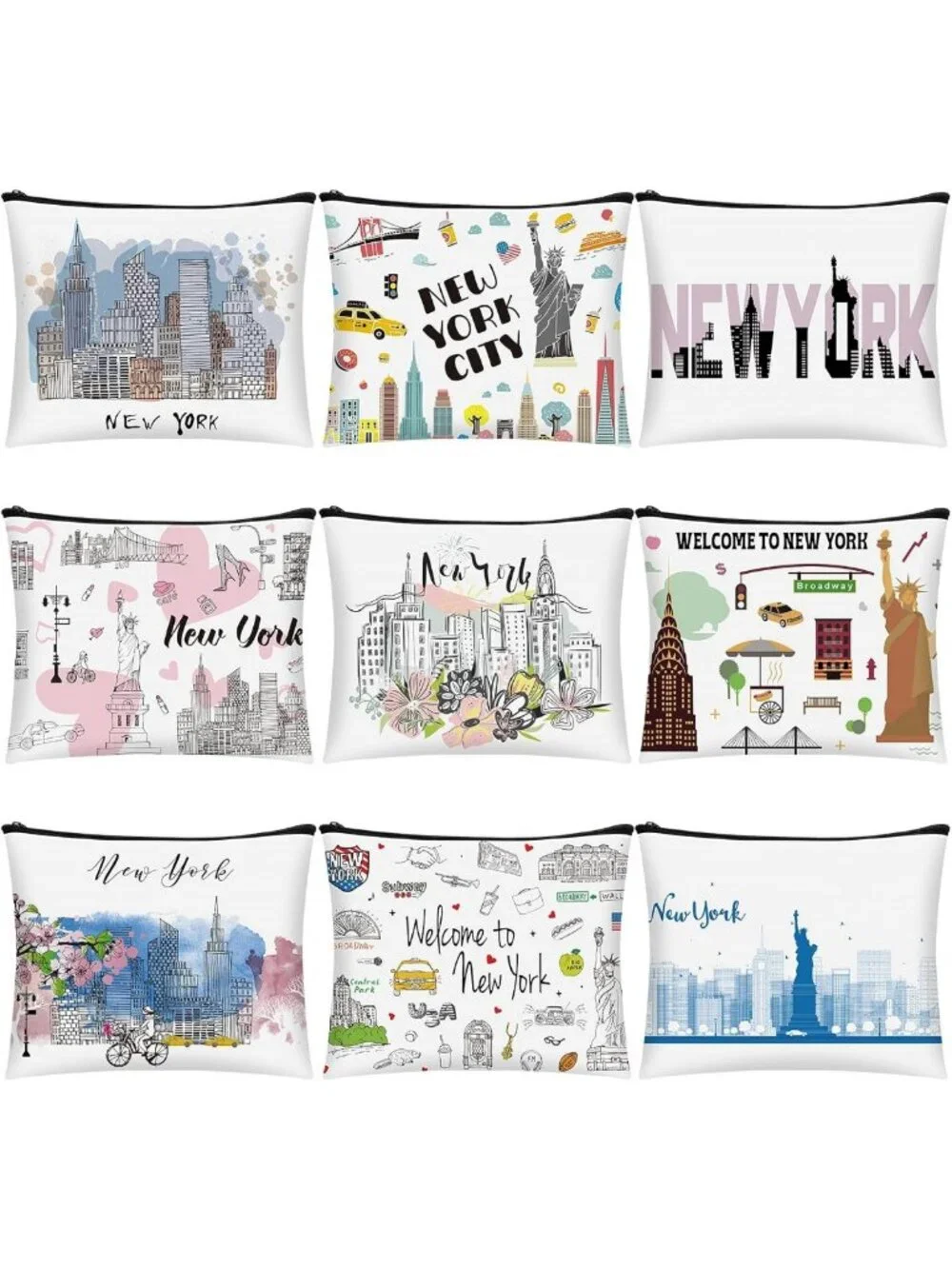 9 Pcs New York Cosmetic Bag Set - Zipper Pouch Makeup Purse for Travel & Gifts
